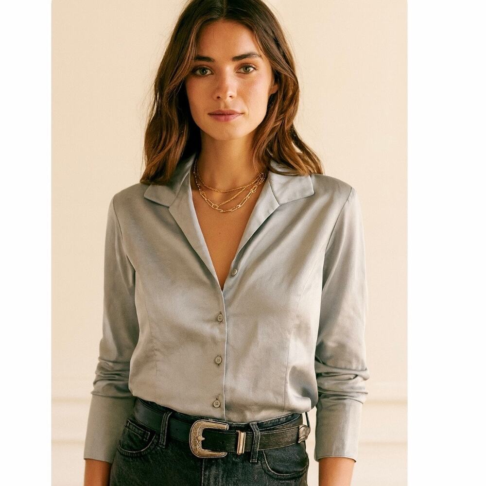 Lafayette 148 New York Silver Satin Notch-Collar Blouse